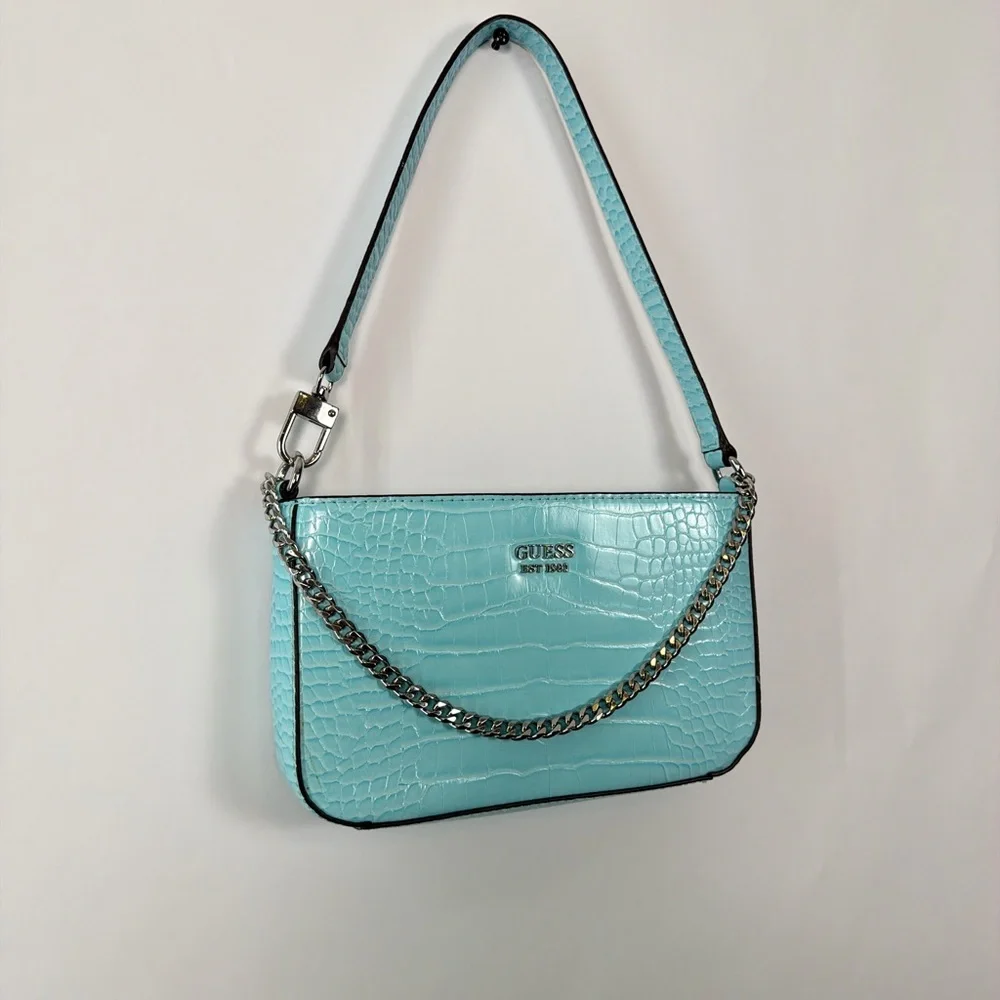 Guess Y2K Light Blue Croc Embossed Shoulder Bag Chain Mini Baguette Purse - Picture 4 of 8